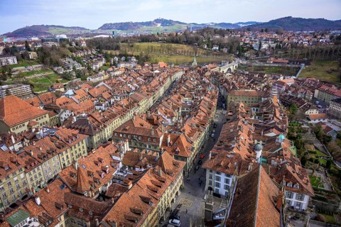 View from Bern Cathedral to the red tiled roofs of the houses in the historic centre of the old town