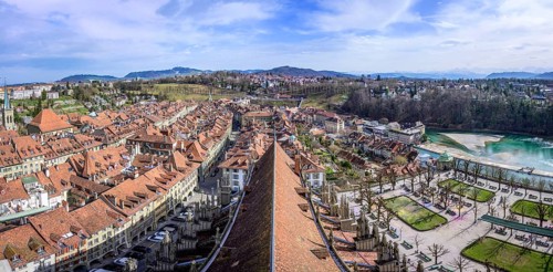 View from Bern Cathedral to the red tiled roofs of the houses in the historic centre of the old town
