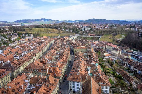 View from Bern Cathedral to the red tiled roofs of the houses in the historic centre of the old town