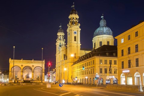 Illuminated Feldherrenhalle and Theatine Church