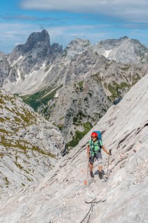 Mountaineer on marked route from Simonyhuette to Adamekhuette