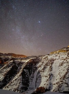 Starry sky over snowy mountains