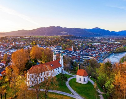 Church of the Holy Cross and Leonhardikapelle on Calvary in the morning light