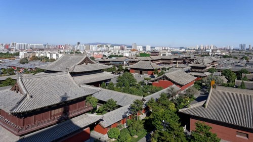 Panoramic view from the tower of Huayan Temple to traditional houses and skyline