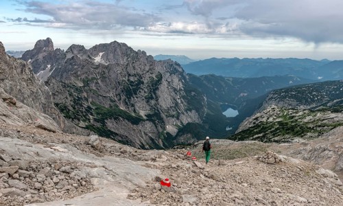 Hiker on marked hiking trail from Simonyhuette to Adamekhuette