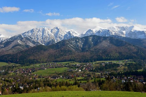View of Zakopane and snowy mountains of the High Tatras