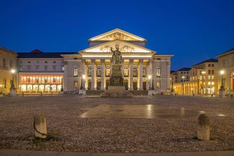 Deserted Max-Joseph-Platz with Bavarian State Opera and statue of King Maximilian I of Bavaria
