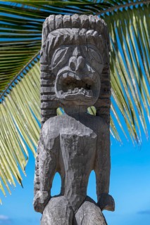 Guardian figure Tiki in front of palm leaf