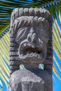 Guardian figure Tiki in front of palm leaf