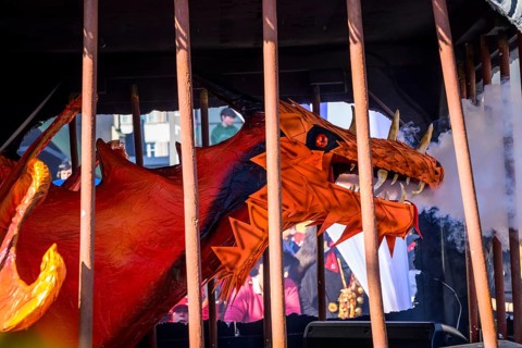 Dragon figure behind bars, Carnival procession of the Wey Guild on Rosenmontag