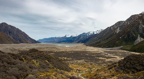 View of the Tasman River valley, Mount Cook National Park