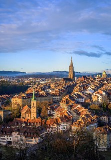 City view in the morning light, view from the rose garden to the old town
