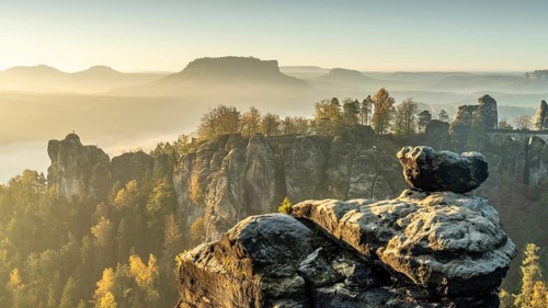 Wehlnadel view with Bastei Bridge and Lilienstein, Elbe Sandstone Mountains