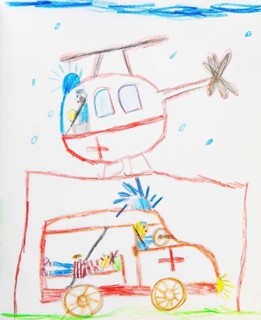 Rescue helicopter and ambulance in action, illustration