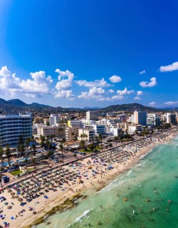Aerial view over the bay of Cala Millor and Cala Bona, Manacor region