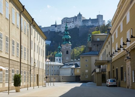 Vacant lots due to the coronavirus pandemic, Hofstallgasse with the Great Festival Theatre and Hohensalzburg Fortress