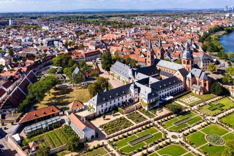 Aerial view, Convent garden with Basilica of St. Marcellinus and St. Peter