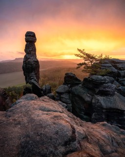 The barbarians at Pfaffenstein at sunrise, Elbe Sandstone Mountains
