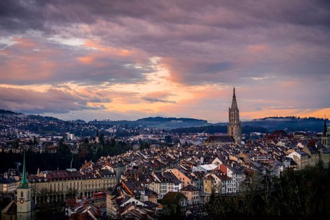 City view at sunrise, view from the rose garden to the old town