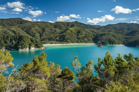 Green sea with yellow sandy beach, tropical hills in the back
