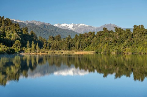 Subtropical forest and mountain peaks under a blue sky reflected in the lake, Southern Alps