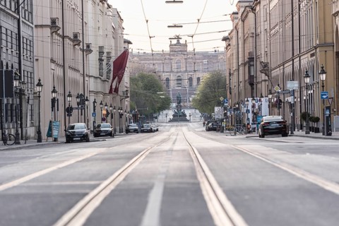 Empty Maximilianstrasse during the corona pandemic, panoramic view in direction of Maximilianeum