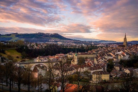 City view at sunrise, view from the rose garden to the old town