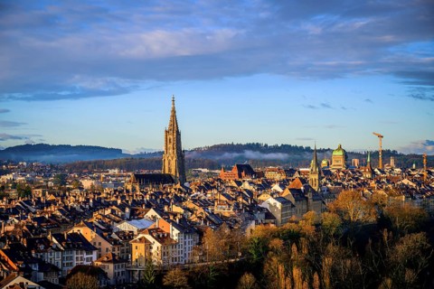 City view in the morning light, view from the rose garden to the old town