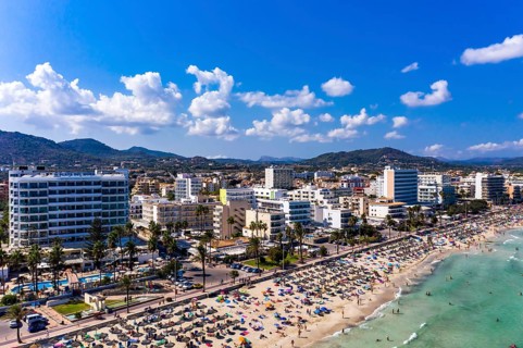 Aerial view over the bay of Cala Millor and Cala Bona, Manacor region