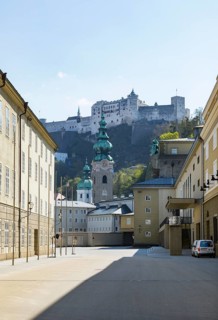 Vacant lots due to the coronavirus pandemic, Hofstallgasse with the Great Festival Theatre and Hohensalzburg Fortress