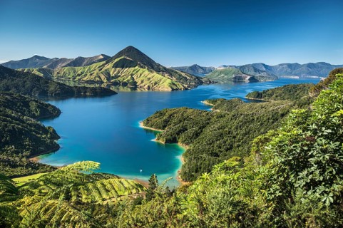 View over the Marlborough Sounds, turquoise sea