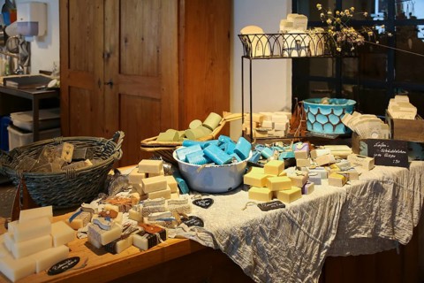 Soap manufacture, various soaps on the sales table