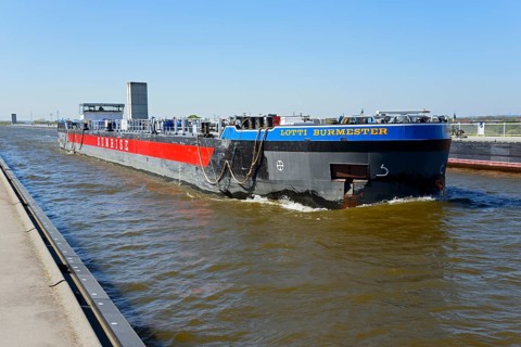 Cargo ship on the Mittellandkanal, Magdeburg waterway intersection