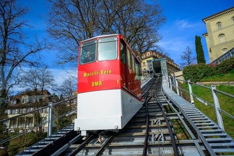 Red carriage of the Bernese Marzili, funicular railway