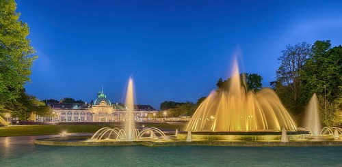 Spa garden with fountain, illuminated