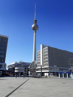 The World Clock with Alexanderplatz Bahnhof and the Fernsehturm, during the lock-down due to the Coronavirus pandemic