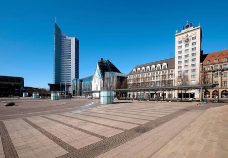 Empty Augustusplatz with City skyscraper, university and Kroch skyscraper