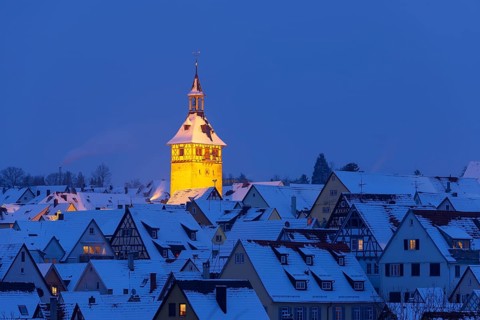 View over the roofs of the old town with church tower