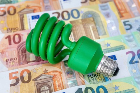Green energy-saving lamp on euro banknotes