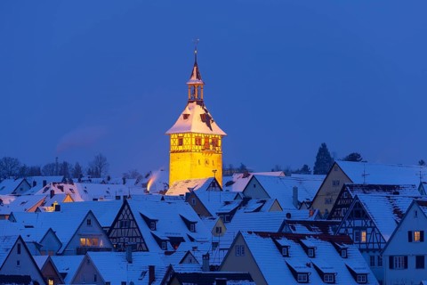 View over the roofs of the old town with church tower