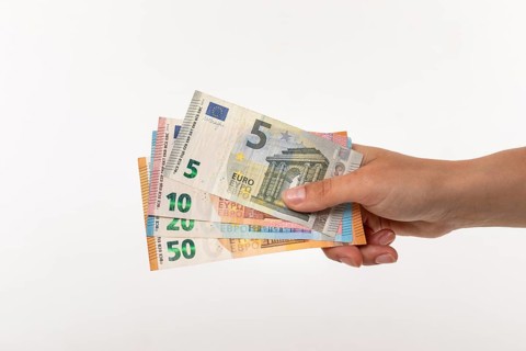 Woman holding fanned euro banknotes in her hand