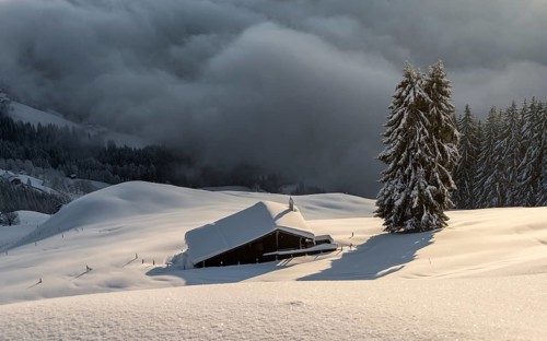 Snow-covered hut in the morning sun