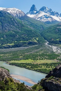 Castillo mountain range and Ibanez river wide valley viewed from the Pan-American Highway
