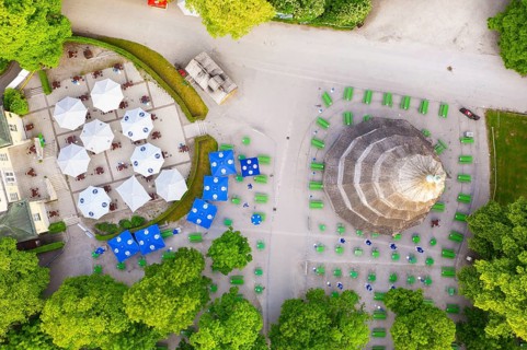 Chinese tower with beer garden from above