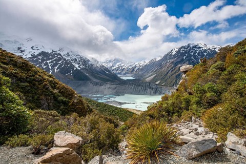 View into the Hooker Valley with Mount Cook from the Sealy Tarns Track