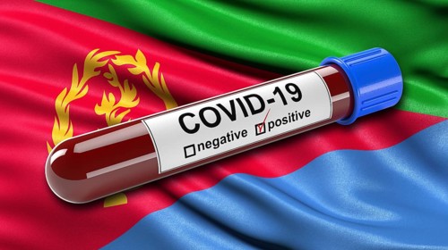 Flag of Eritrea waving in the wind with a positive Covid-19 blood test tube