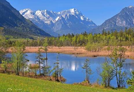 Moor landscape near the Seven Springs towards the Zugspitze massif in the Wetterstein range