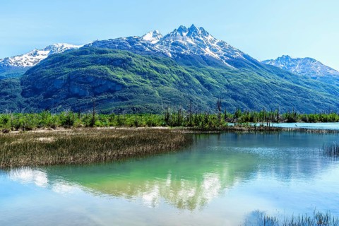 Castillo mountain range and Ibanez river wide valley viewed from the Pan-American Highway