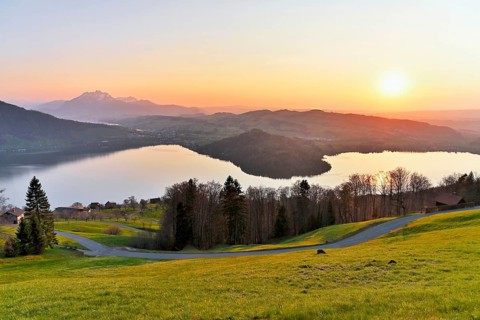 Evening mood at Lake Zug with gills of the narrowest part of the lake