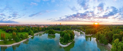 Panorama of Kleinhesseloher See at sunrise